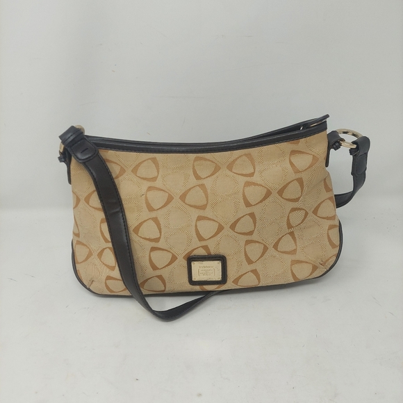 Liz Claiborne Vintage Y2K Tan Canvas Geometric Print Black Leather Shoulder Bag - Picture 3 of 14